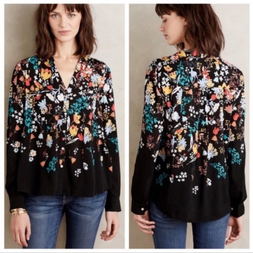 Anthropologie Black Floral Blouse